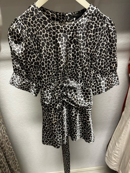 Vertigo Paris Tops - Vertigo Paris Black and White Polka Dot Satin Blouse with Tie Detail